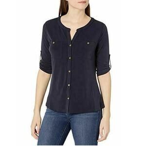 2/$30 Ellen Tracy Medium Womens Black Roll Tab Sleeve Split Neck Button Up Top